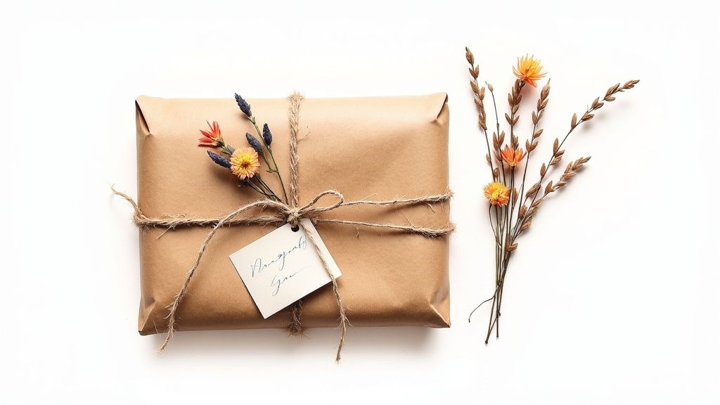 A rustic gift wrapped in brown kraft paper, tied with twine, adorned with dried flowers and a tag, next to a small bouquet.