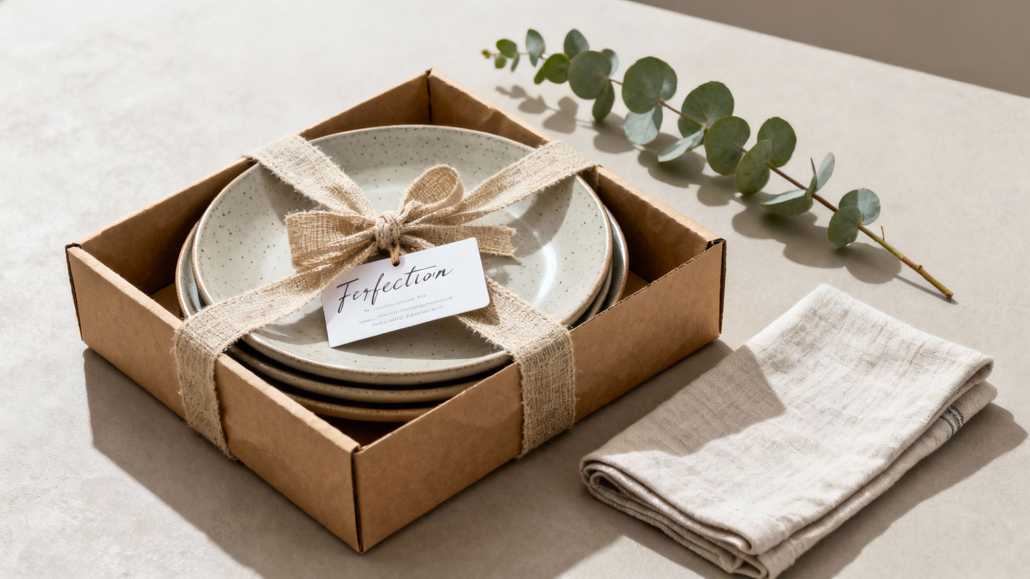 Stoneware dinnerware set in a cardboard gift box with a burlap ribbon, tag, napkin, and eucalyptus.