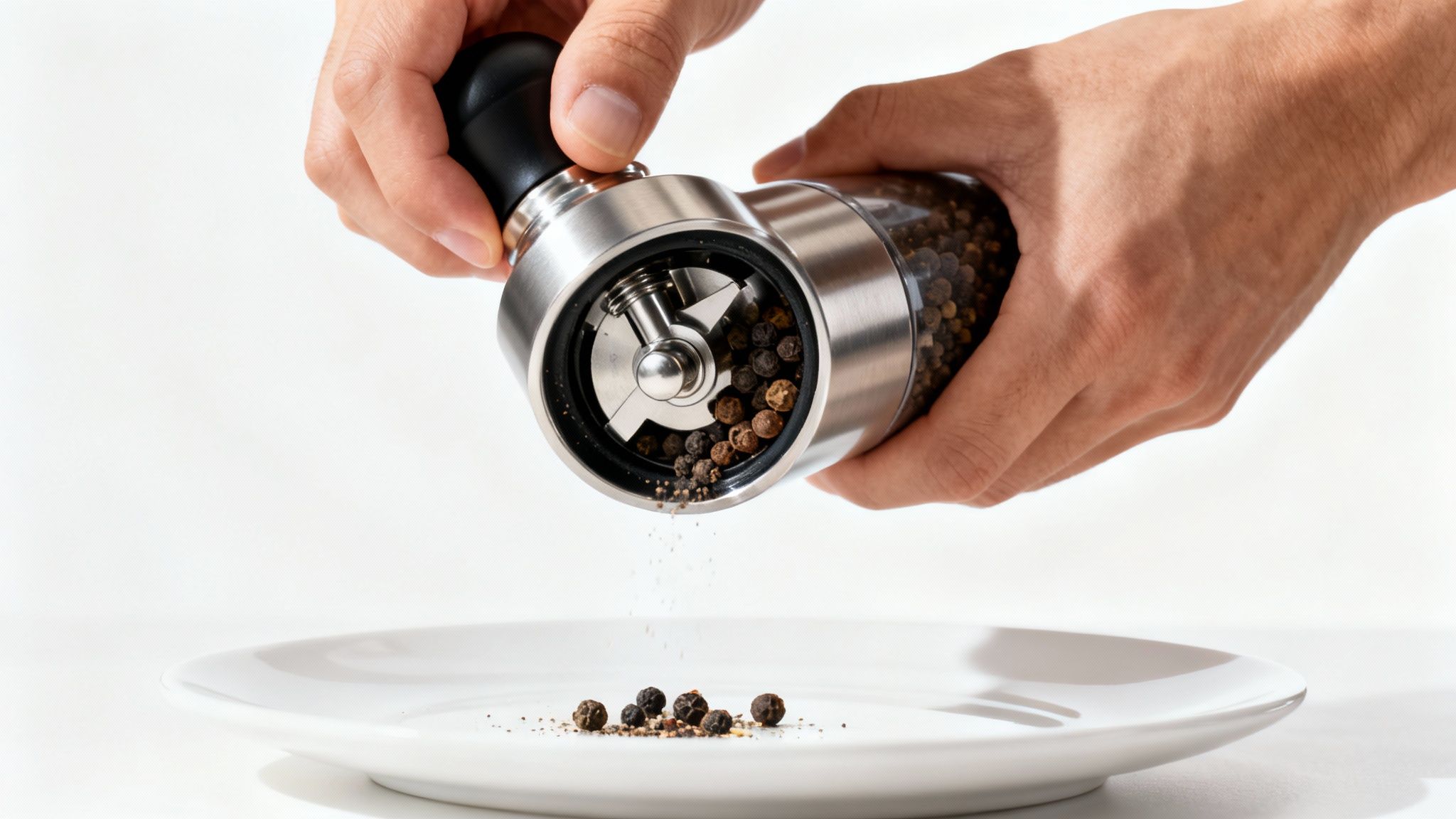 Close-up of hands grinding black peppercorns from a modern pepper mill onto a white plate.
