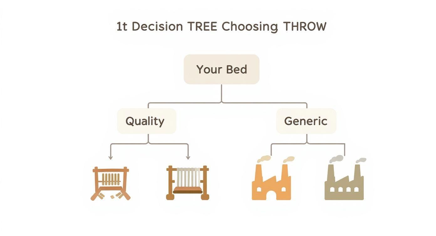 Decision tree illustrating choices for bed throws, distinguishing between quality handmade and generic factory-produced options.