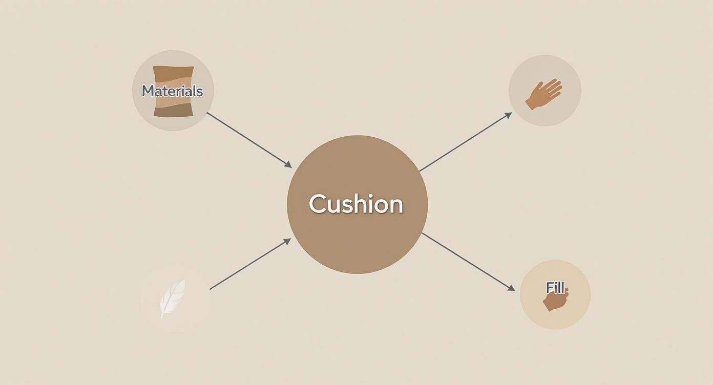 A diagram illustrates elements of a cushion: materials, fill, a feather, and a human hand.