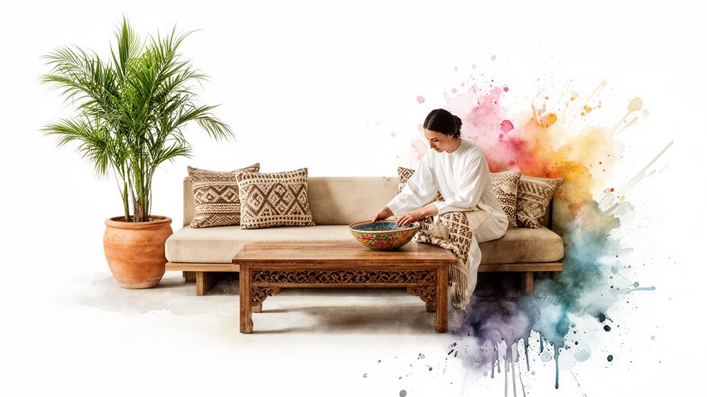 Woman on sofa reaching into decorative bowl on carved wooden table next to potted palm.