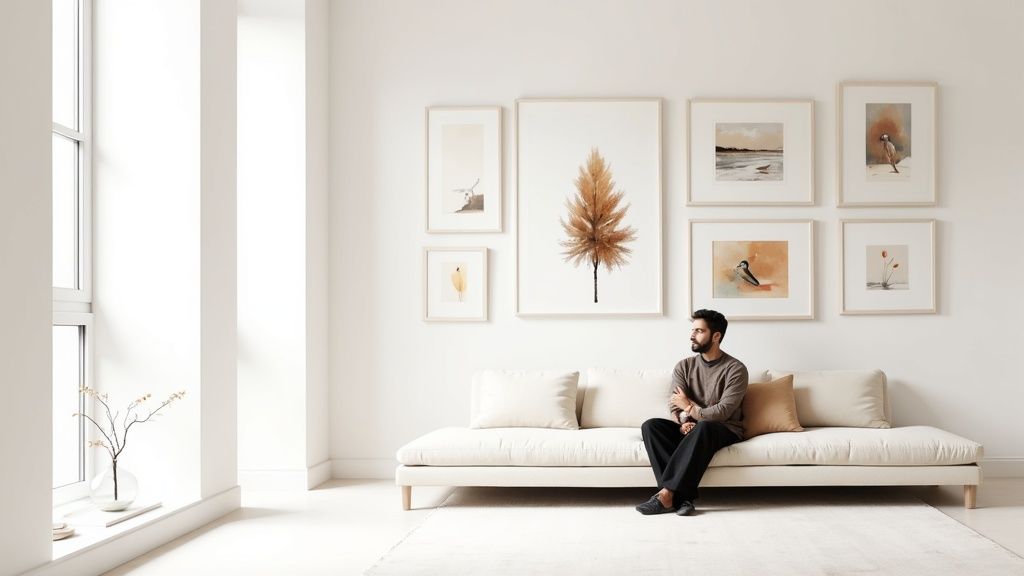 A beautifully arranged frame wall design with black frames on a light grey wall in a contemporary living room.