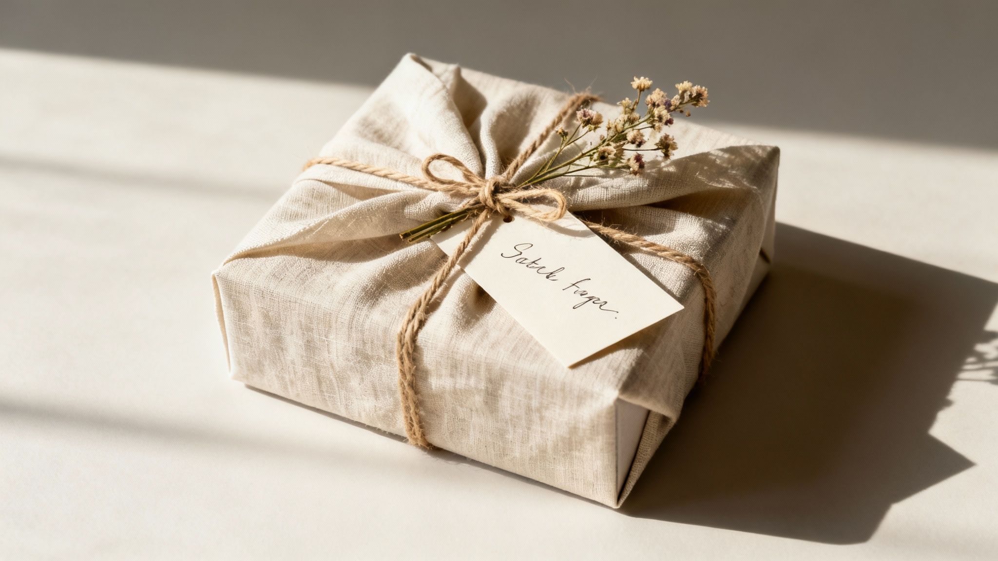 A beautifully wrapped gift box with a sustainable fabric wrap and a sprig of dried eucalyptus, sitting on a minimalist wooden table.