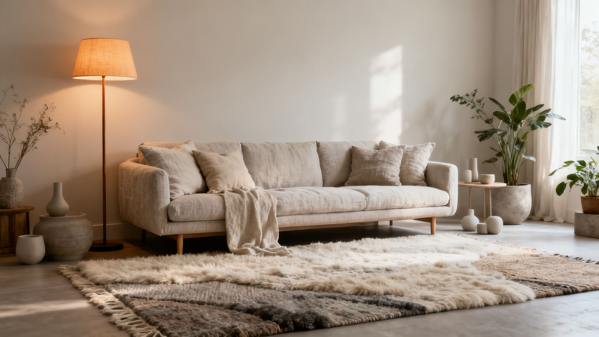 Cozy minimalist living room with a light linen sectional sofa, floor lamp, and natural textured rug.