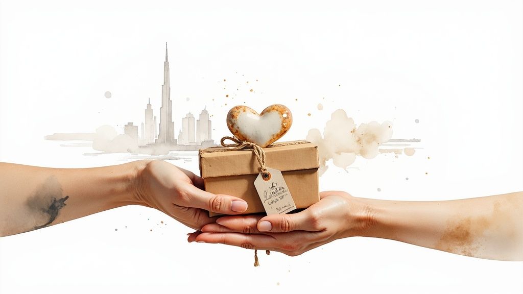 Two hands exchange a heart-topped gift box with a tag against a watercolor city skyline, symbolizing love and giving.