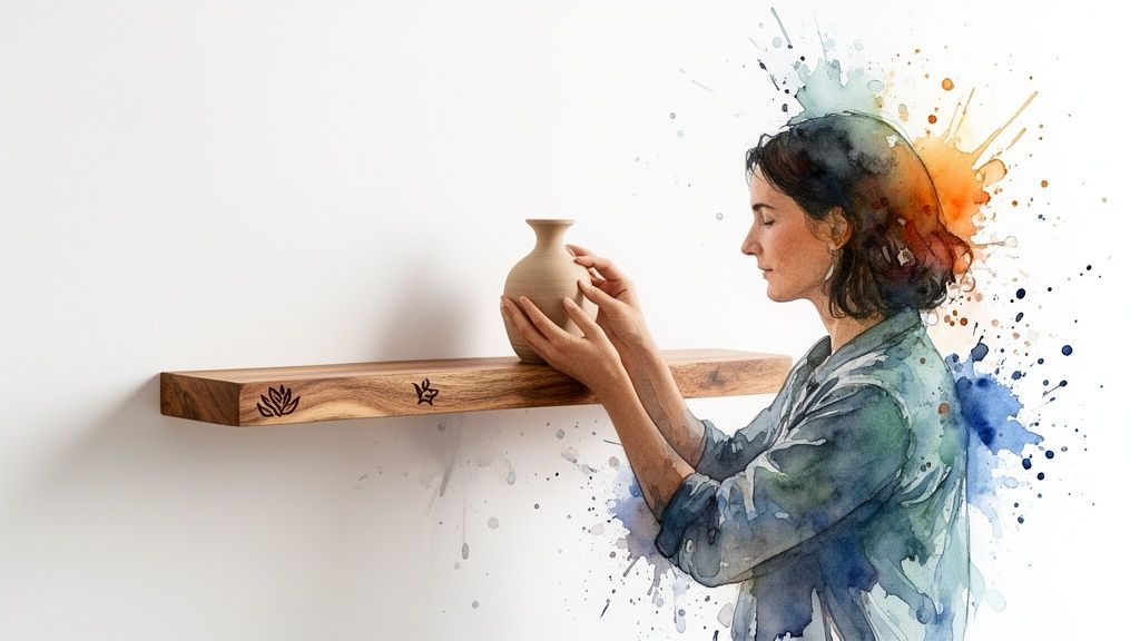 Watercolor illustration of a woman gently placing a minimalist vase on a wooden shelf with leaf engravings.