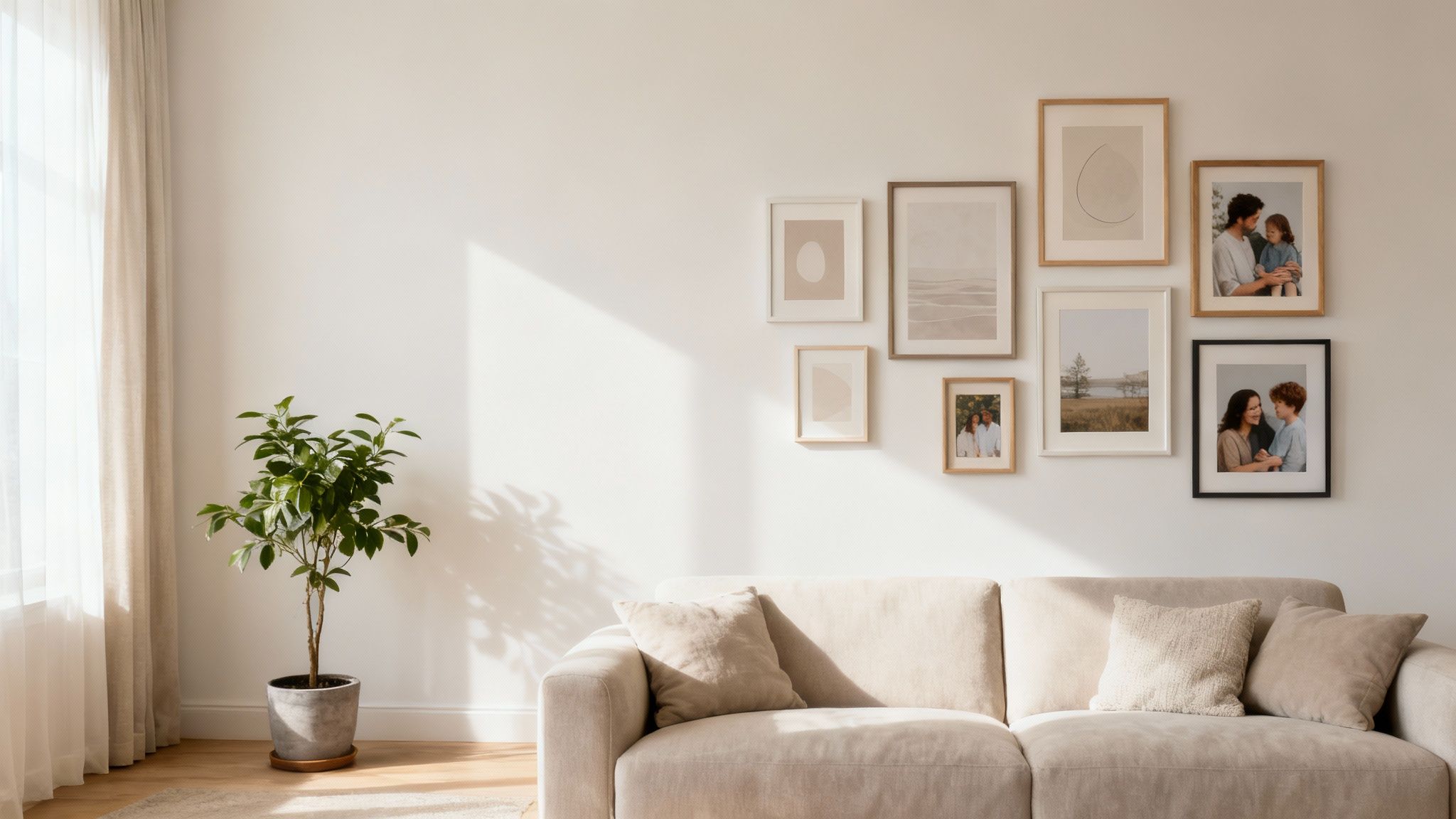 A bright, modern living room with a beige sofa, a potted plant, and a gallery wall of framed art and photos.