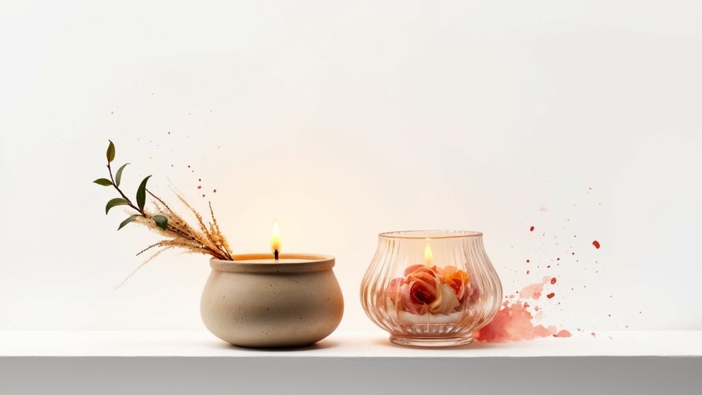 A person lighting a beautiful artisan candle in a stylish home setting.
