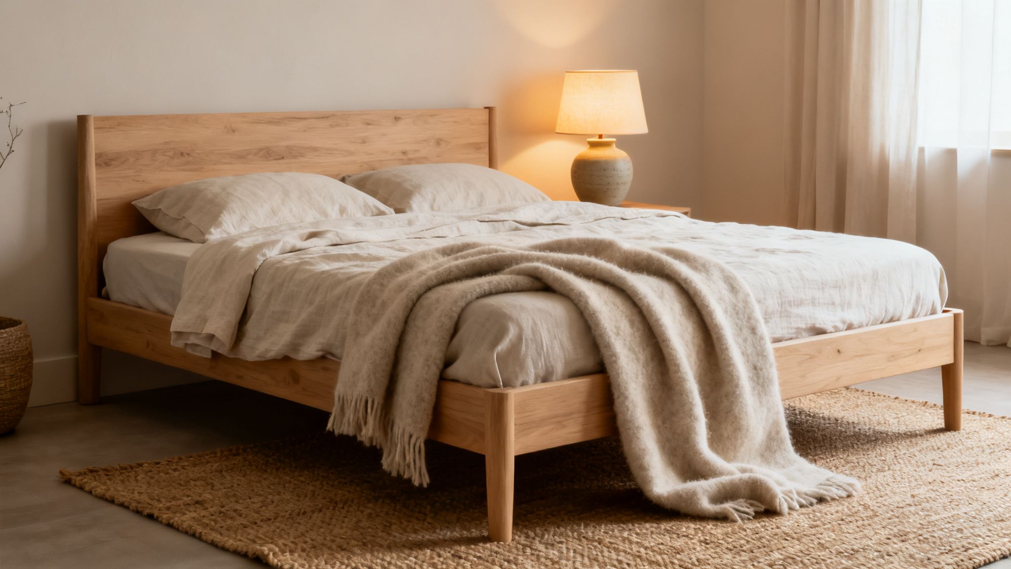 A cozy bedroom features a natural wooden bed frame with light linen bedding and a soft throw blanket.