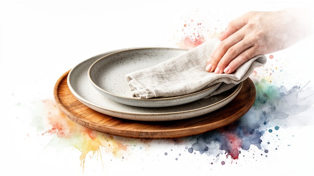 A hand arranges a linen napkin on stoneware dinnerware, stacked on a wooden tray, with watercolor art.
