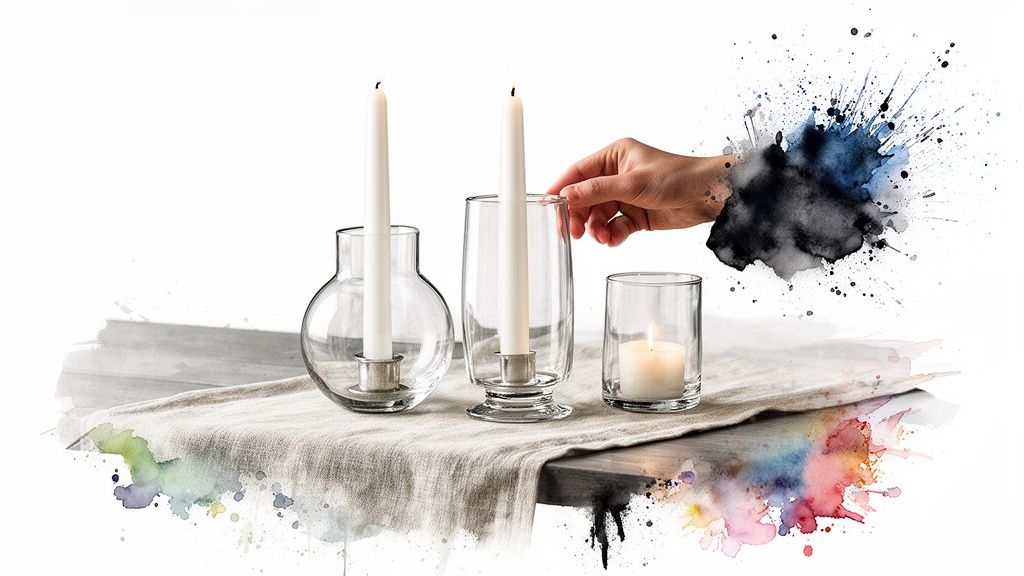 A hand adjusts a taper candle in a glass holder on a table, surrounded by watercolor splashes.