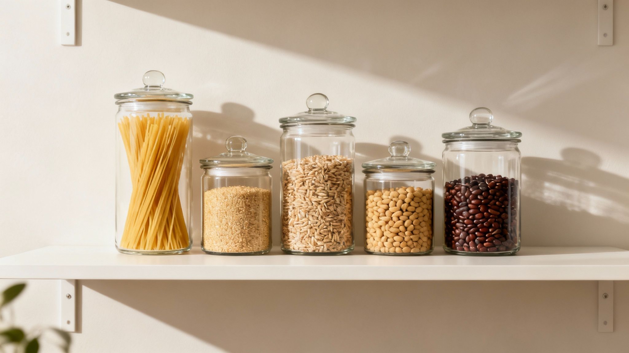 Five glass jars with lids, containing spaghetti, sugar, grains, chickpeas, and beans on a white shelf.