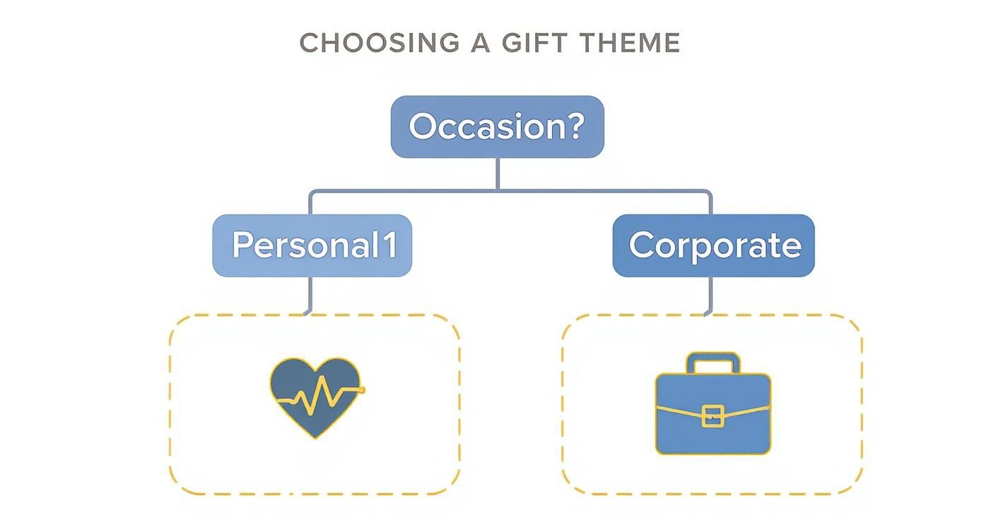 Infographic with icons showing how to match gift basket themes to different occasions.