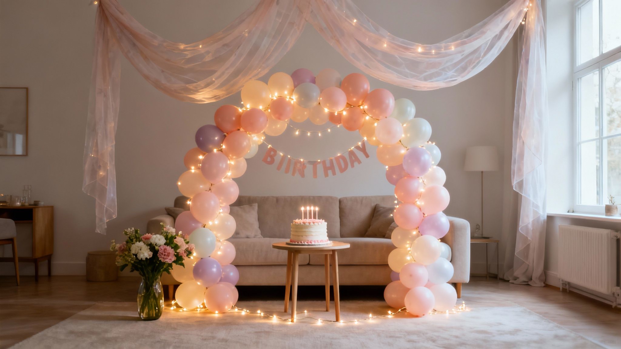 A beautifully decorated birthday party setup in a home living room with balloons, a cake, and festive tableware.