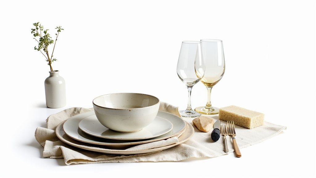 A person setting a dining table with beautiful, rustic ceramic dinnerware sets.