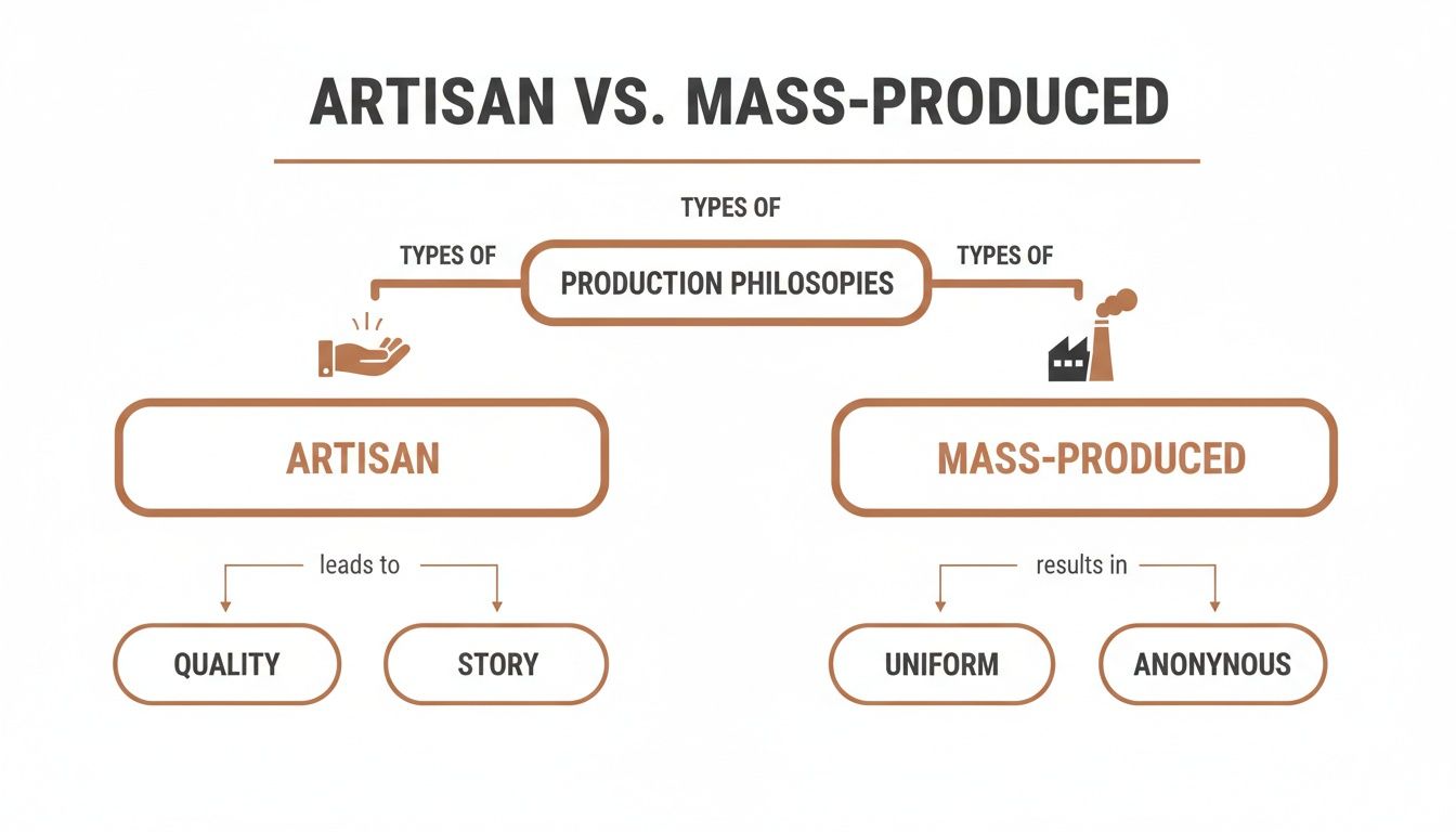 A flowchart compares artisan and mass-produced production philosophies, highlighting quality, story, uniformity, and anonymity.