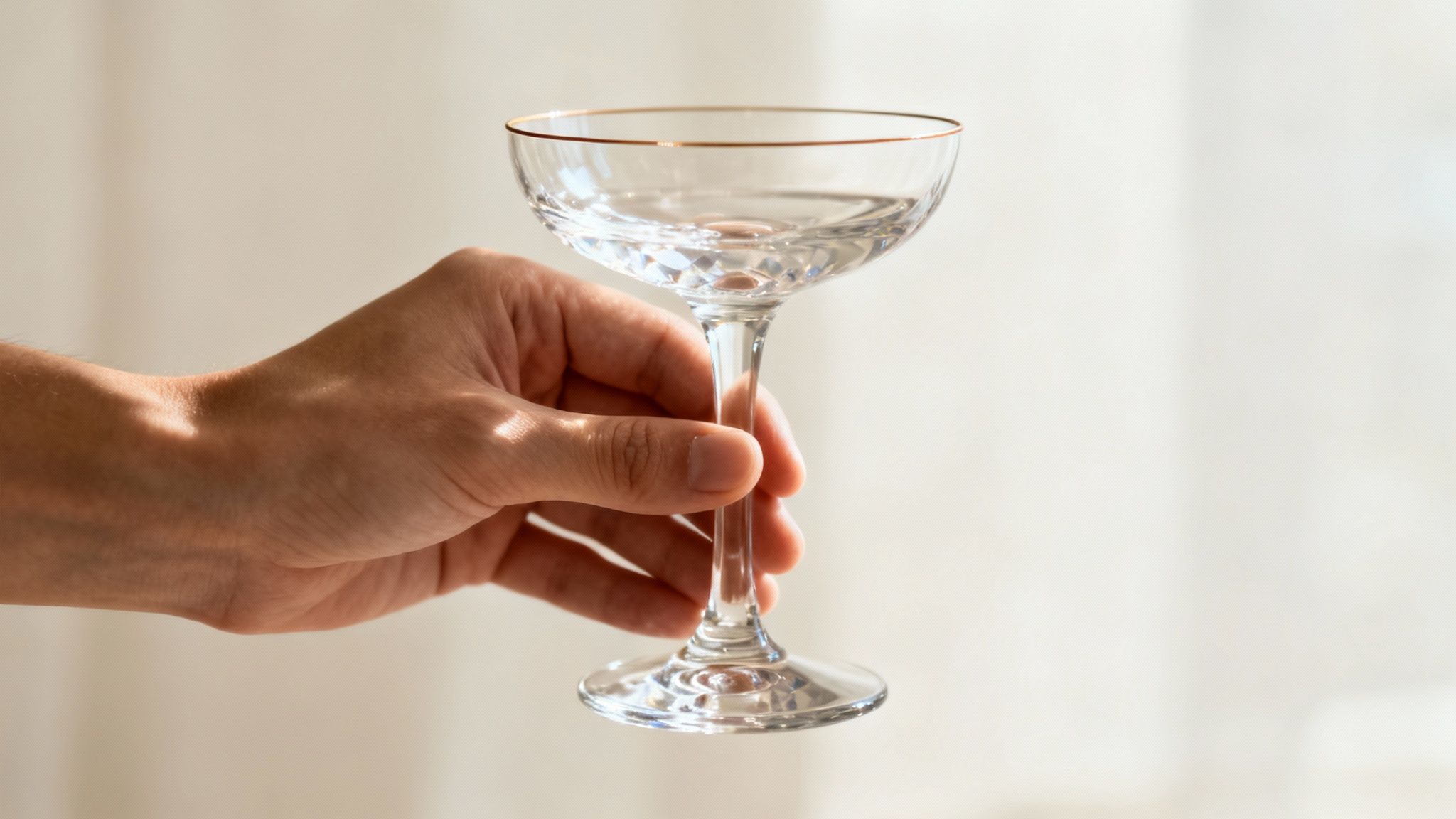 A hand gracefully holds an elegant clear coupe cocktail glass with a golden rim and clear liquid.