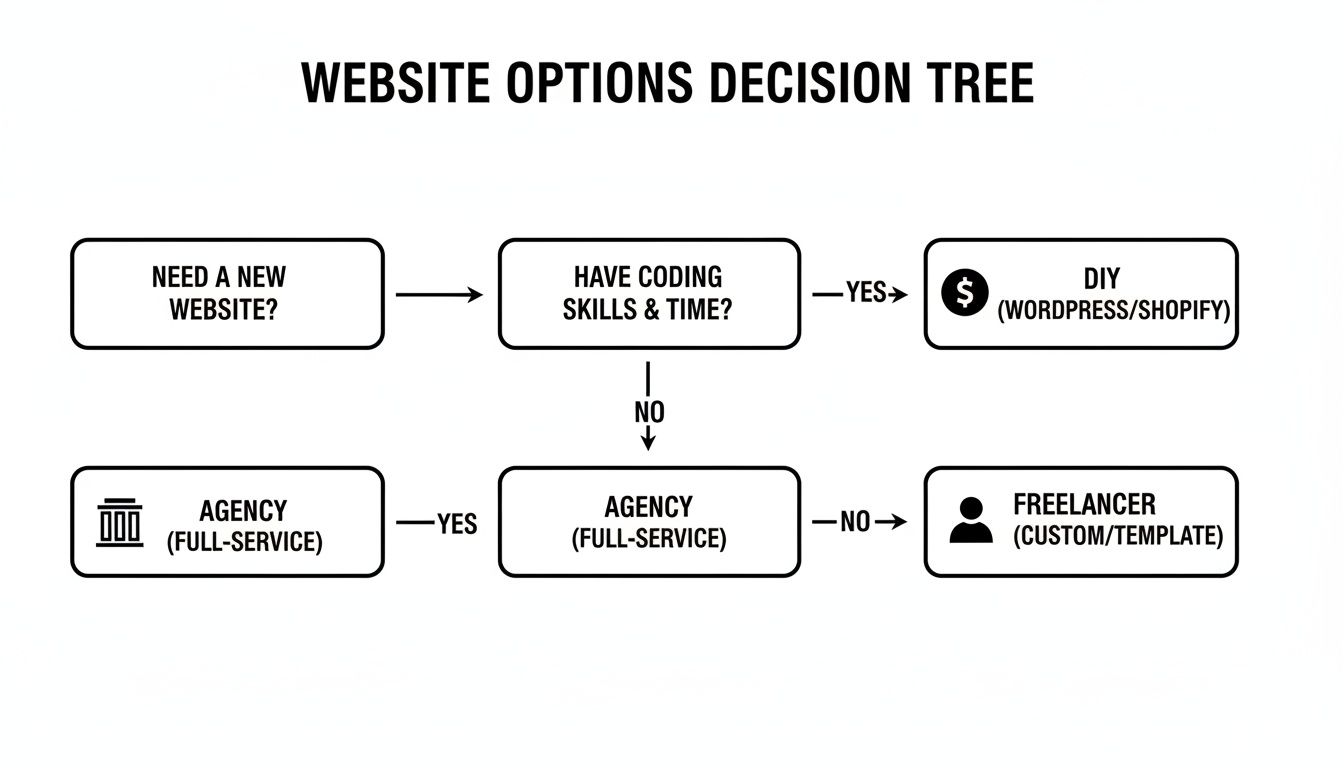 A flowchart titled 'Website Options Decision Tree' guiding choices based on coding skills, time, and budget.