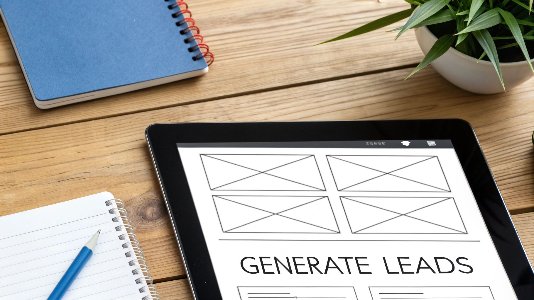 Tablet displaying "GENERATE LEADS" on a wooden desk, surrounded by notebooks, a pencil, and a plant.
