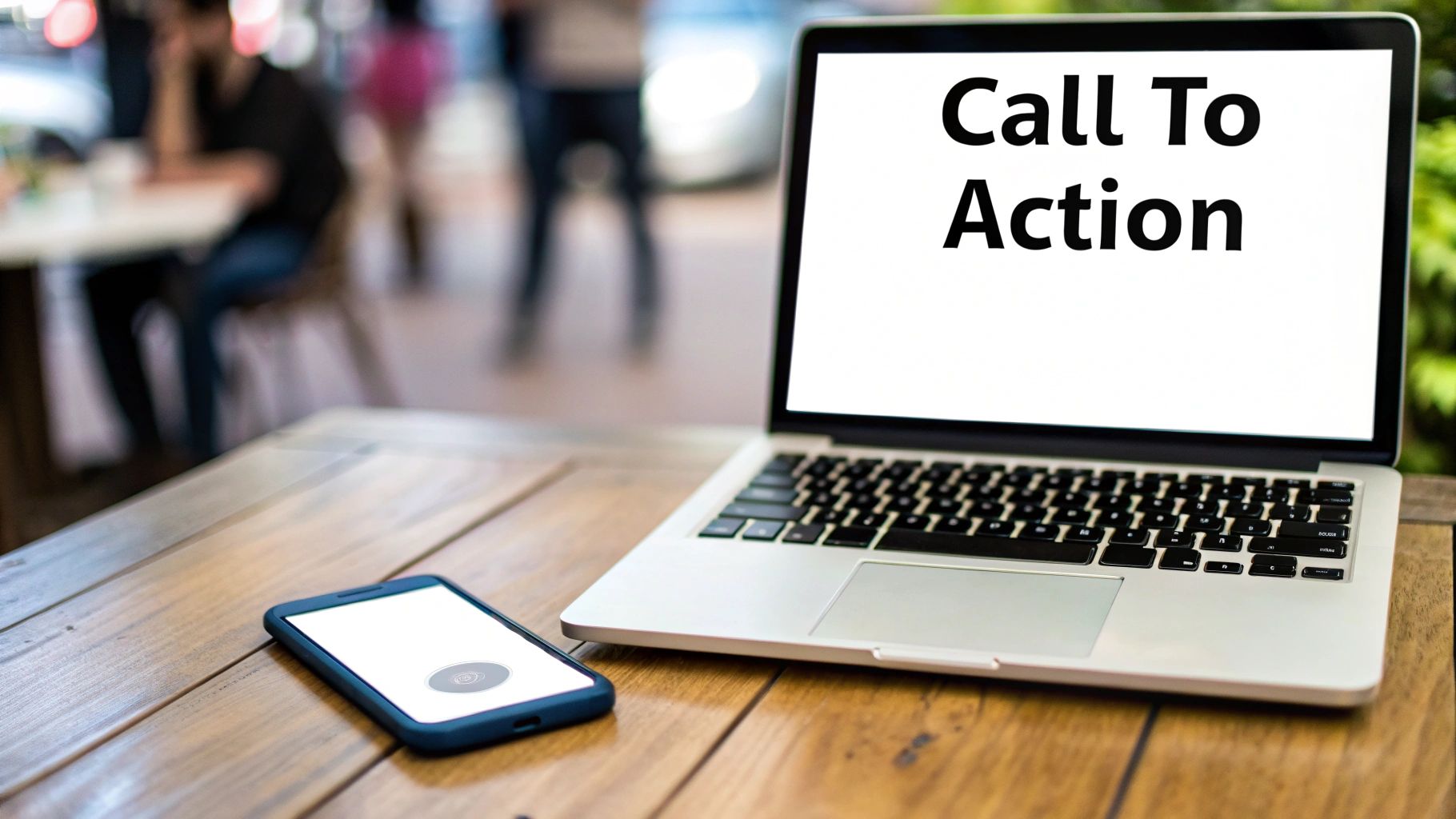 A laptop displaying 'Call To Action' text and a smartphone on a wooden table, in a blurred cafe setting.