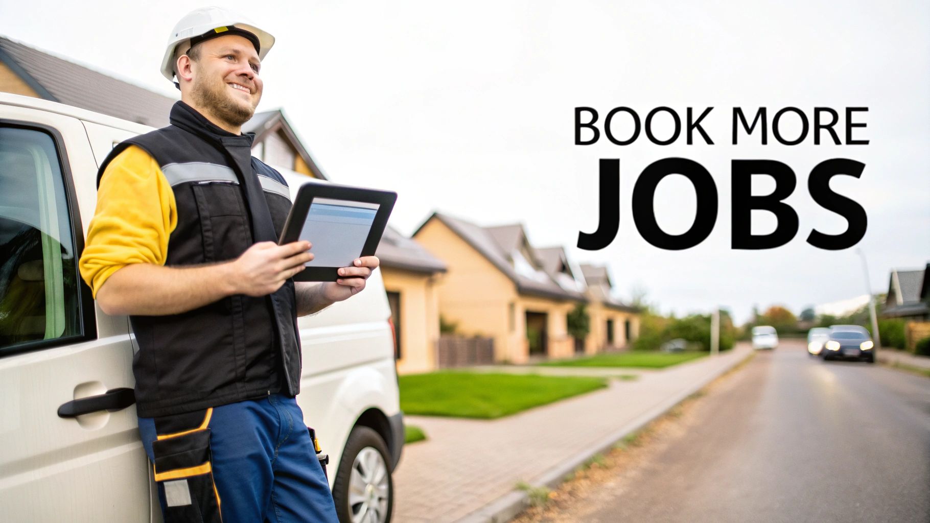 Smiling field service worker in a hard hat leaning on his van, looking at a digital tablet.