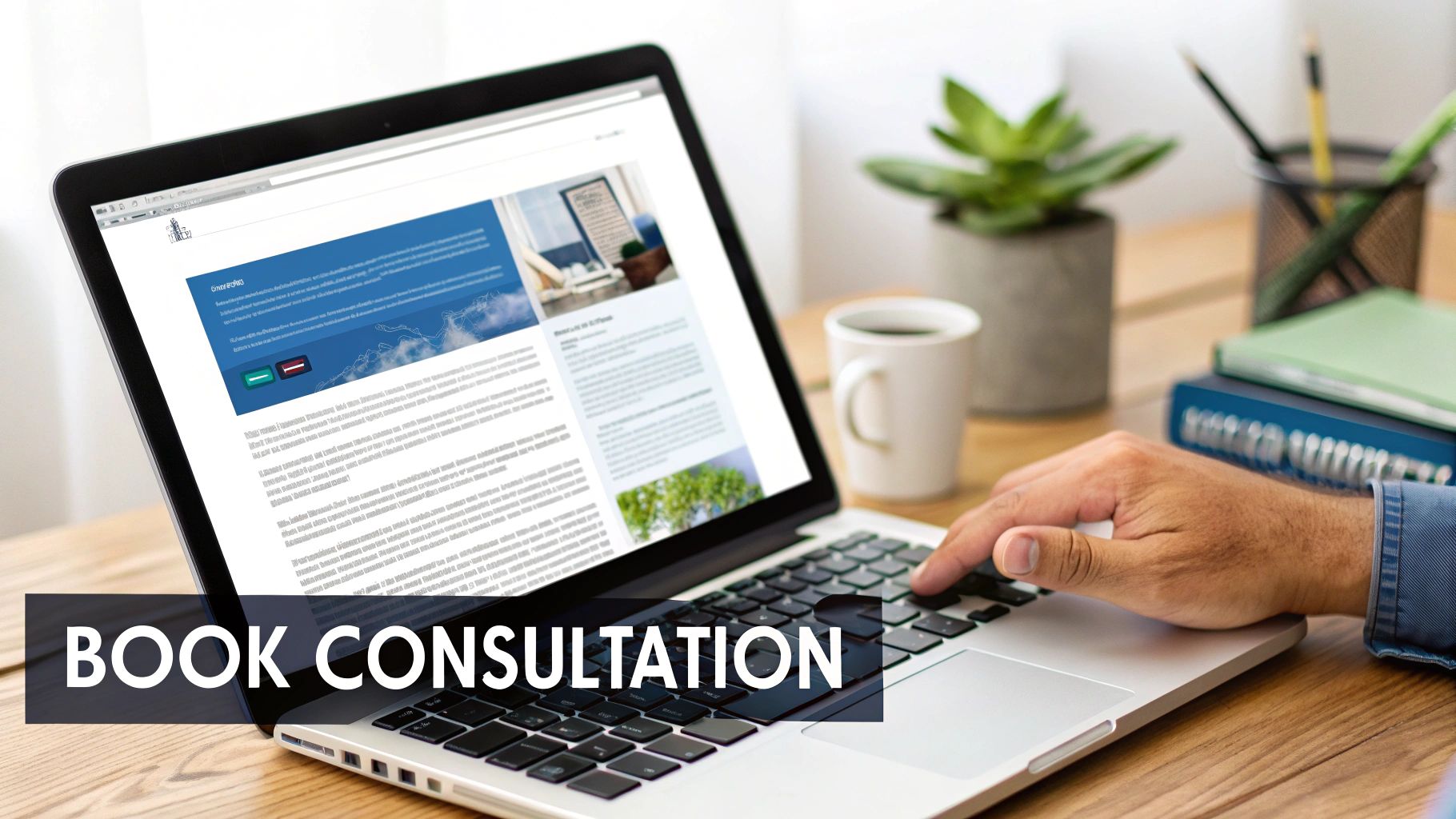 A person's hand typing on a laptop showing a business website with 'BOOK CONSULTATION' text.