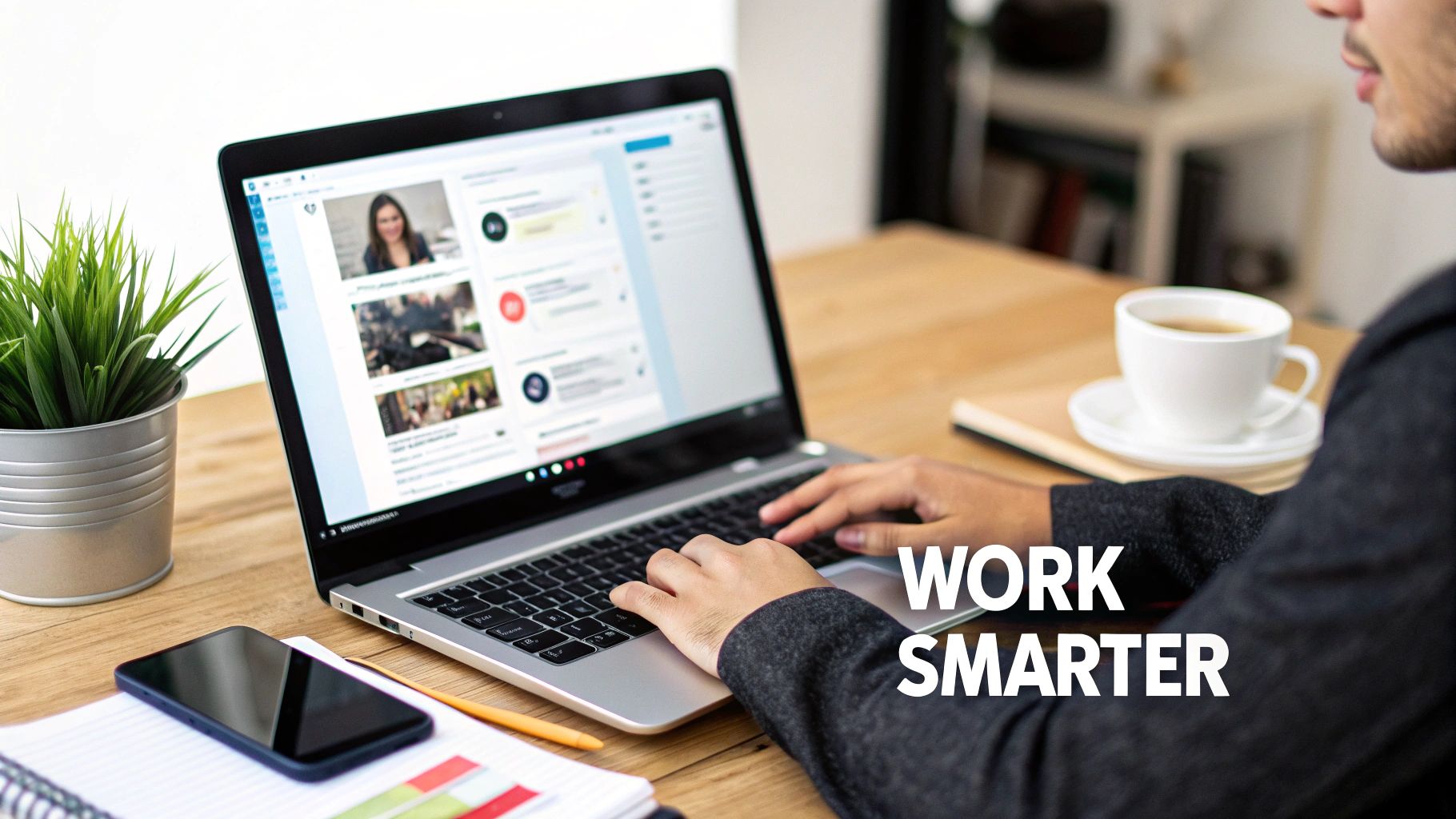 A person types on a laptop at a modern wooden desk with a plant, phone, and coffee.