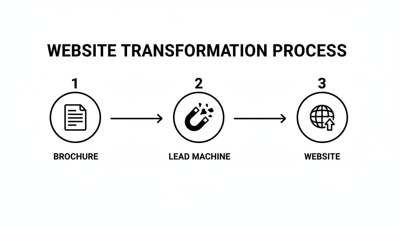 A diagram illustrating the website transformation process from a brochure to a lead machine to a functional website.