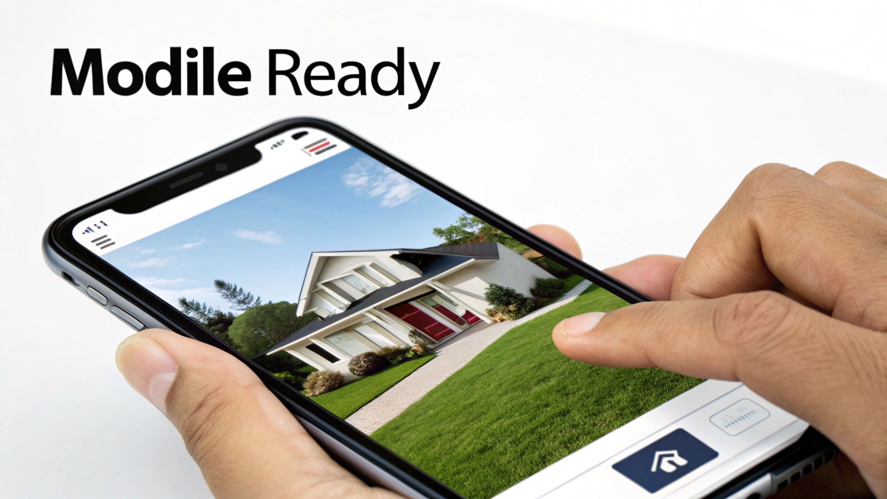 A person holds a smartphone displaying a modern house on a green lawn. Text reads 'Modile Ready'.