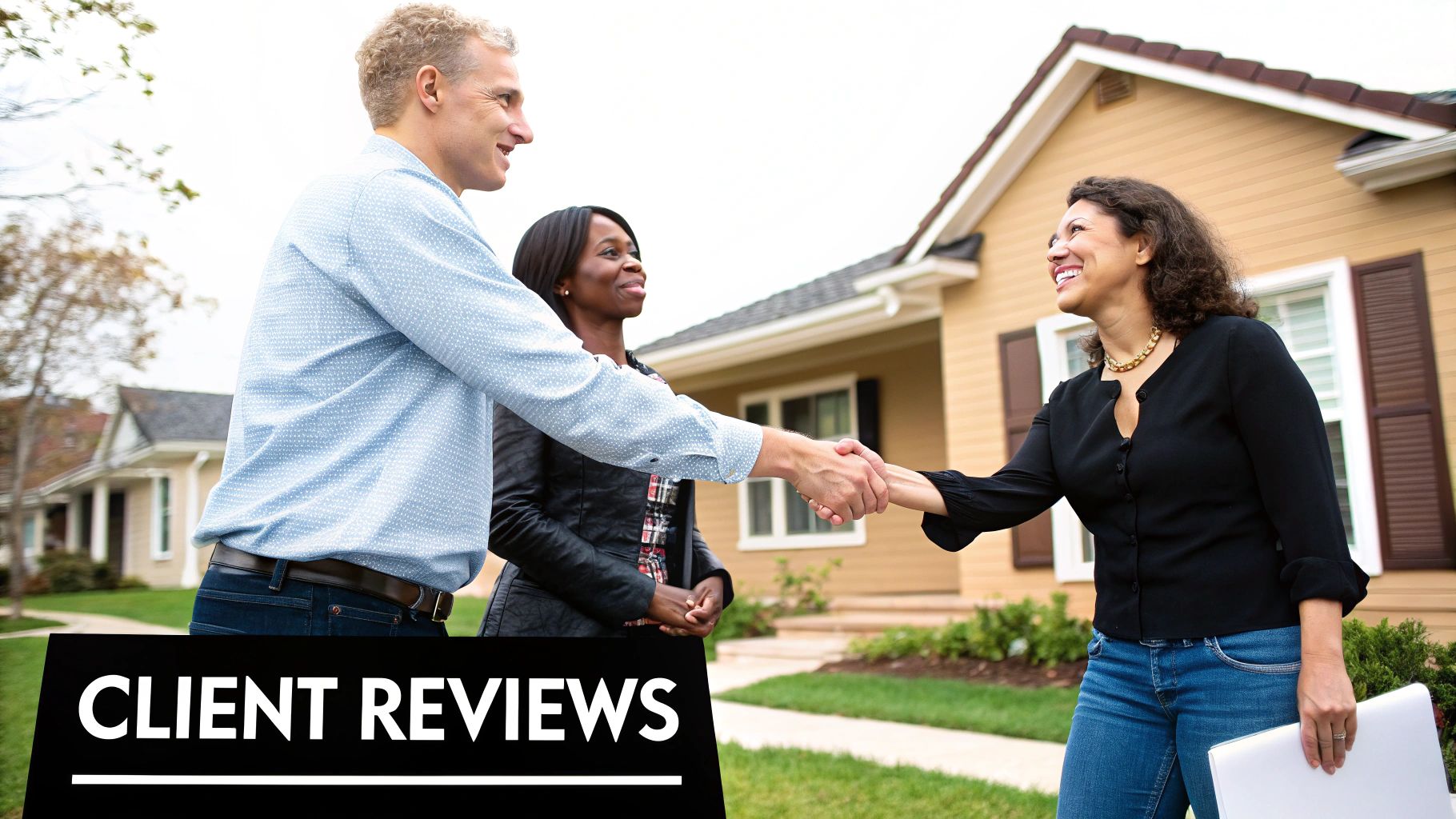 Smiling real estate agent shaking hands with a happy couple in front of a new house.