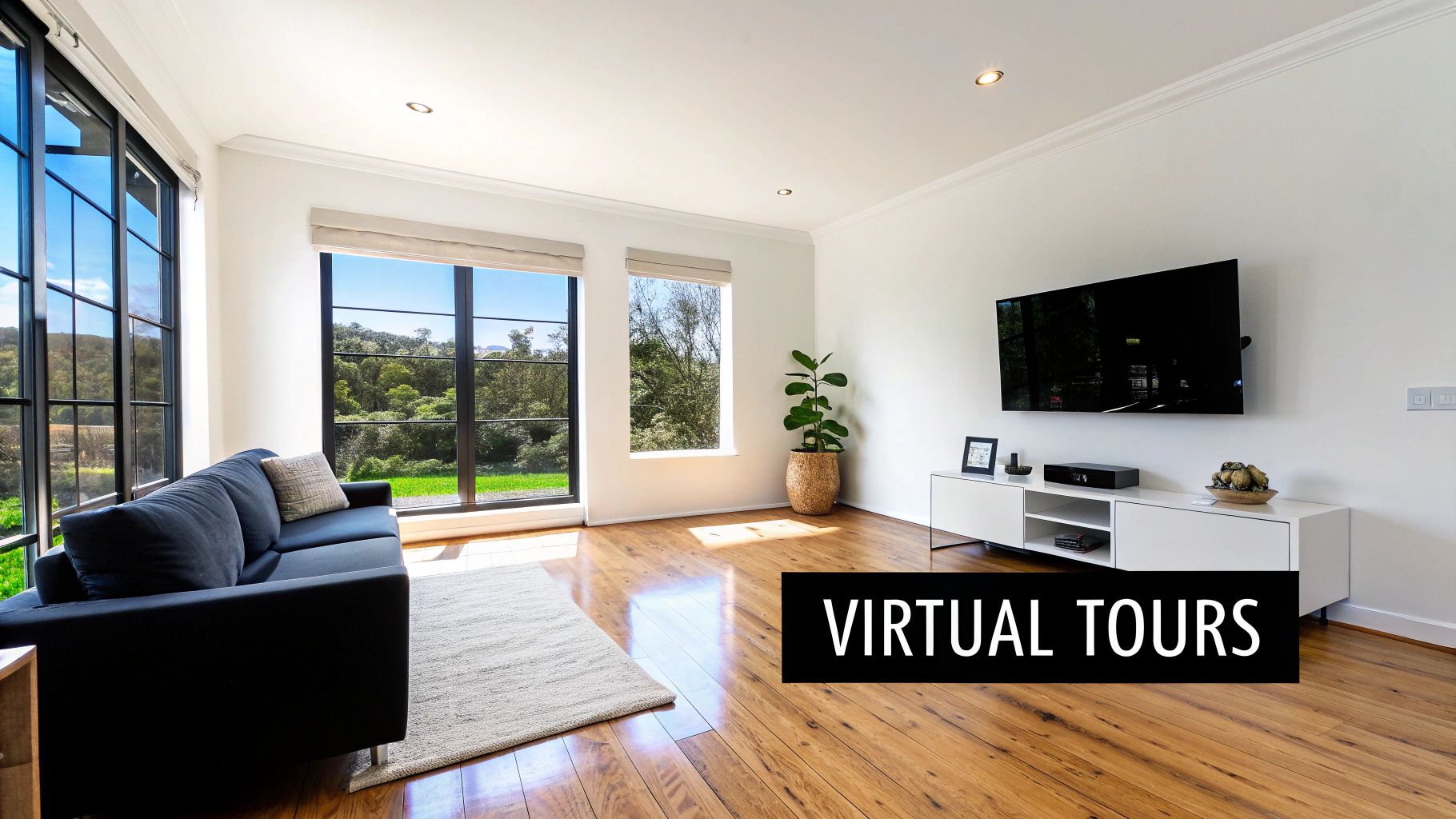A bright, modern living room with a black sofa, white media console, and large windows viewing a green landscape.