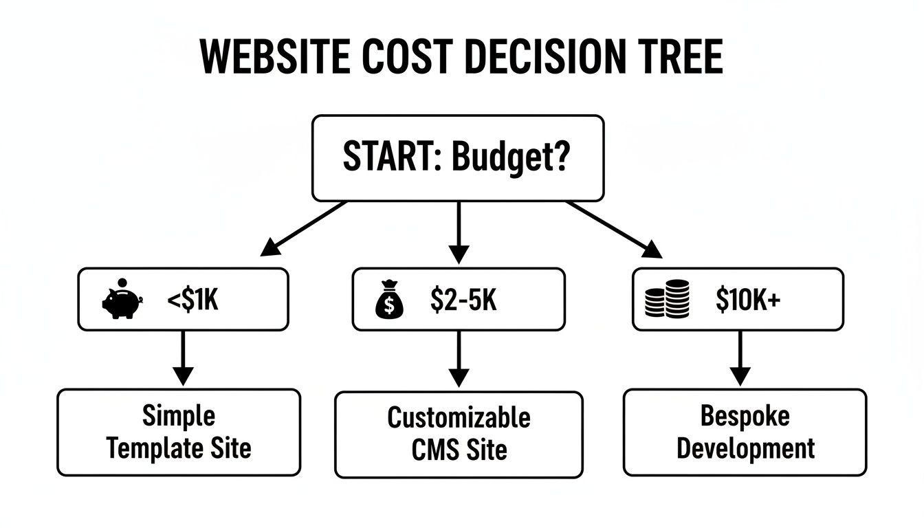 A decision tree flowchart illustrating website cost options based on different budget ranges.