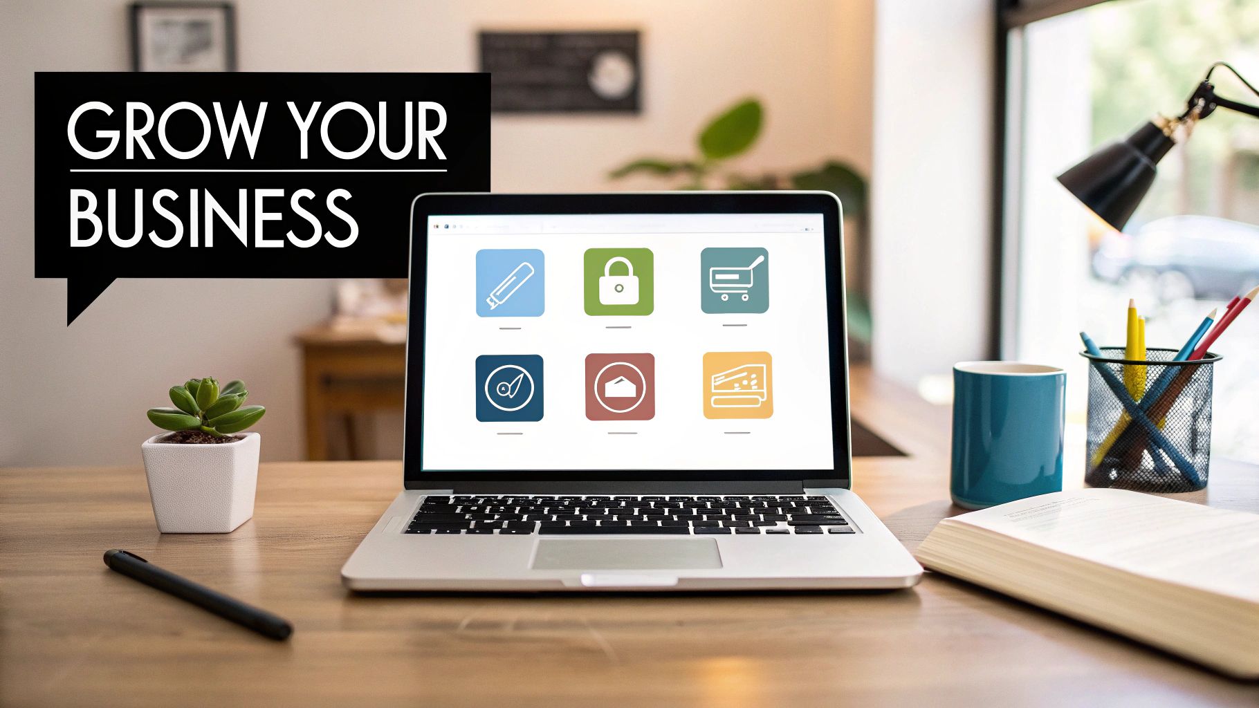 A laptop showing business icons and a 'Grow Your Business' speech bubble on a wooden desk.