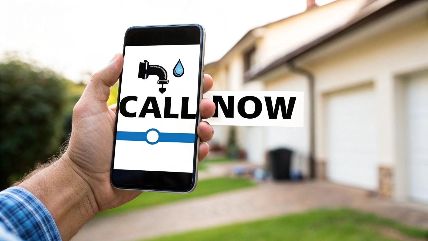 A hand holds a smartphone displaying a faucet, water drop, and 'CALL NOW' for plumbing service.