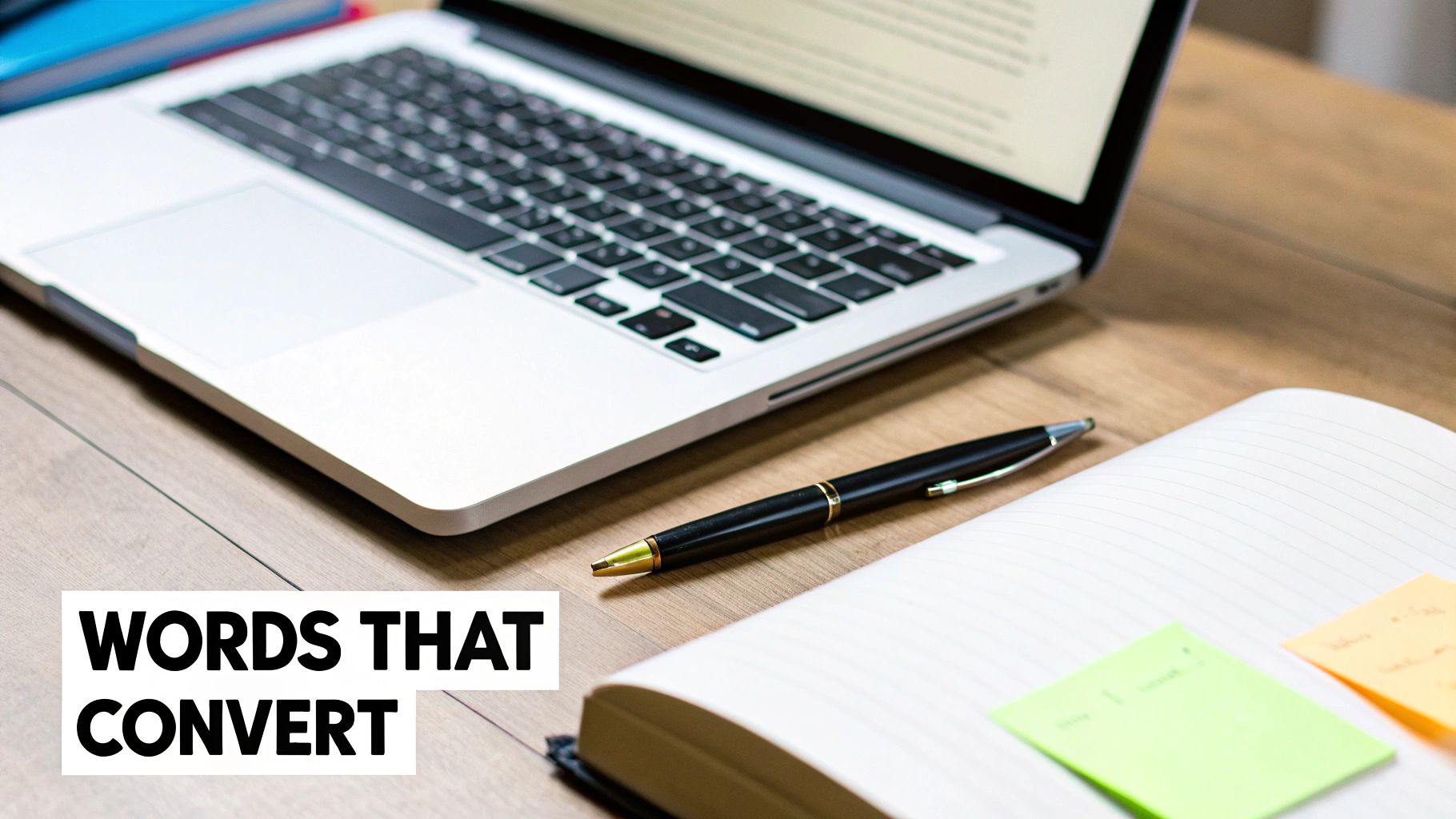 A laptop, pen, and open notebook with sticky notes on a wooden desk, displaying 'WORDS THAT CONVERT'.
