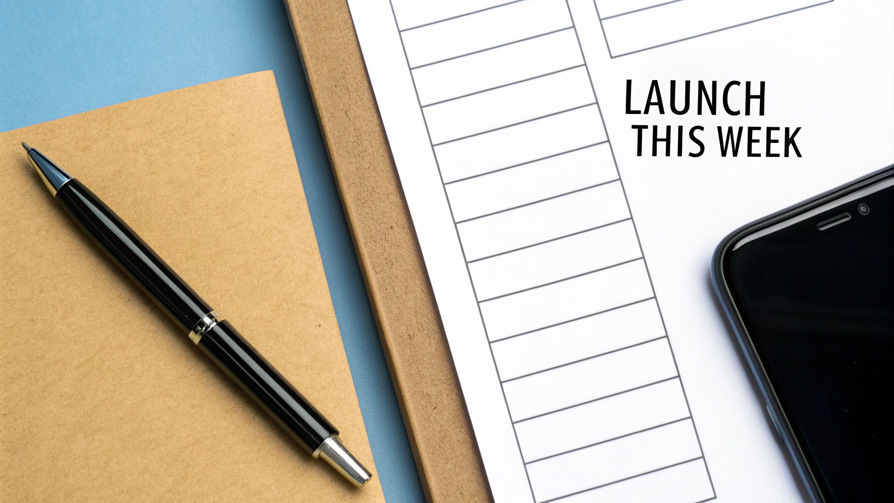 Flat lay of office essentials: pen, notebook, clipboard with lines, and a smartphone with 'LAUNCH THIS WEEK' text.