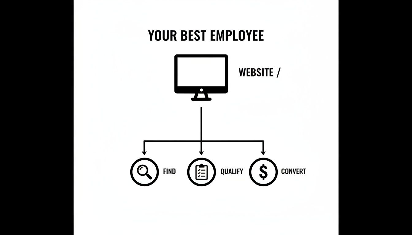 Flowchart showing a website as 'your best employee' for finding, qualifying, and converting customers.