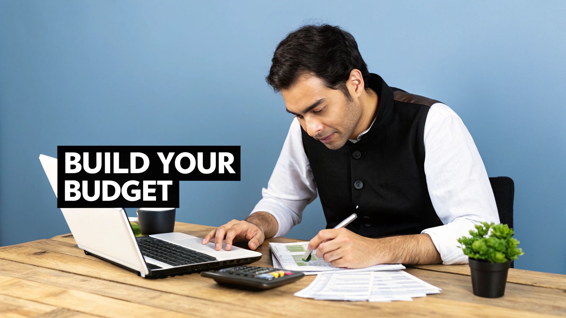 A man meticulously works on his budget, surrounded by a laptop, calculator, and documents.