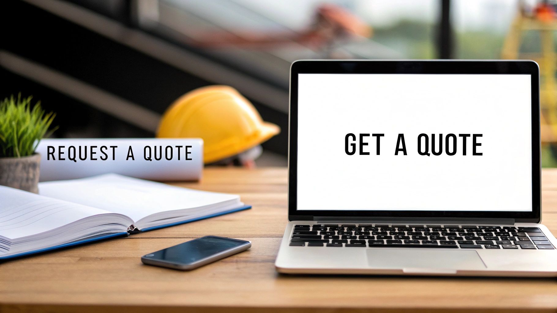 A laptop on a wooden desk displaying "GET A QUOTE" next to a rolled blueprint saying "REQUEST A QUOTE".