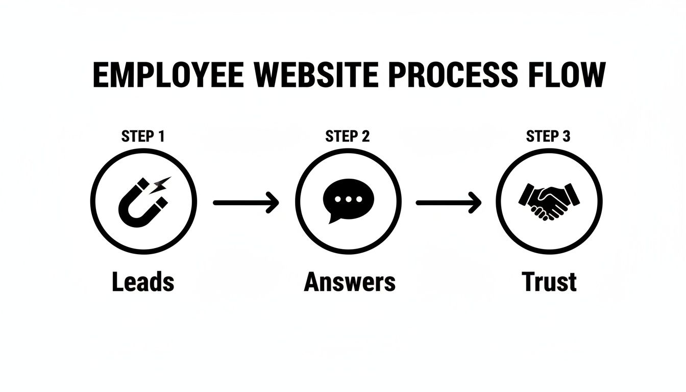 An employee website process flow with three steps: Leads, Answers, and Trust, depicted with icons.