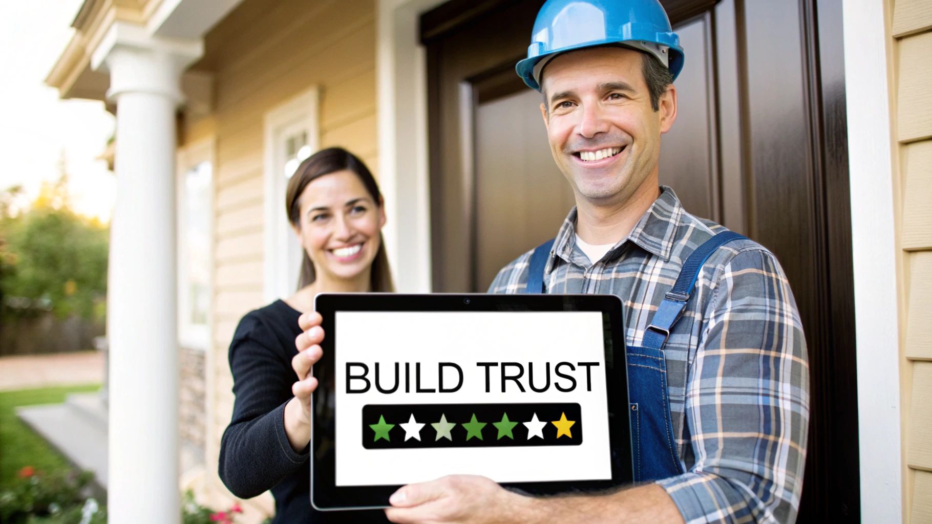 A smiling contractor and a client hold a tablet displaying 'BUILD TRUST' with a 4.5-star rating.