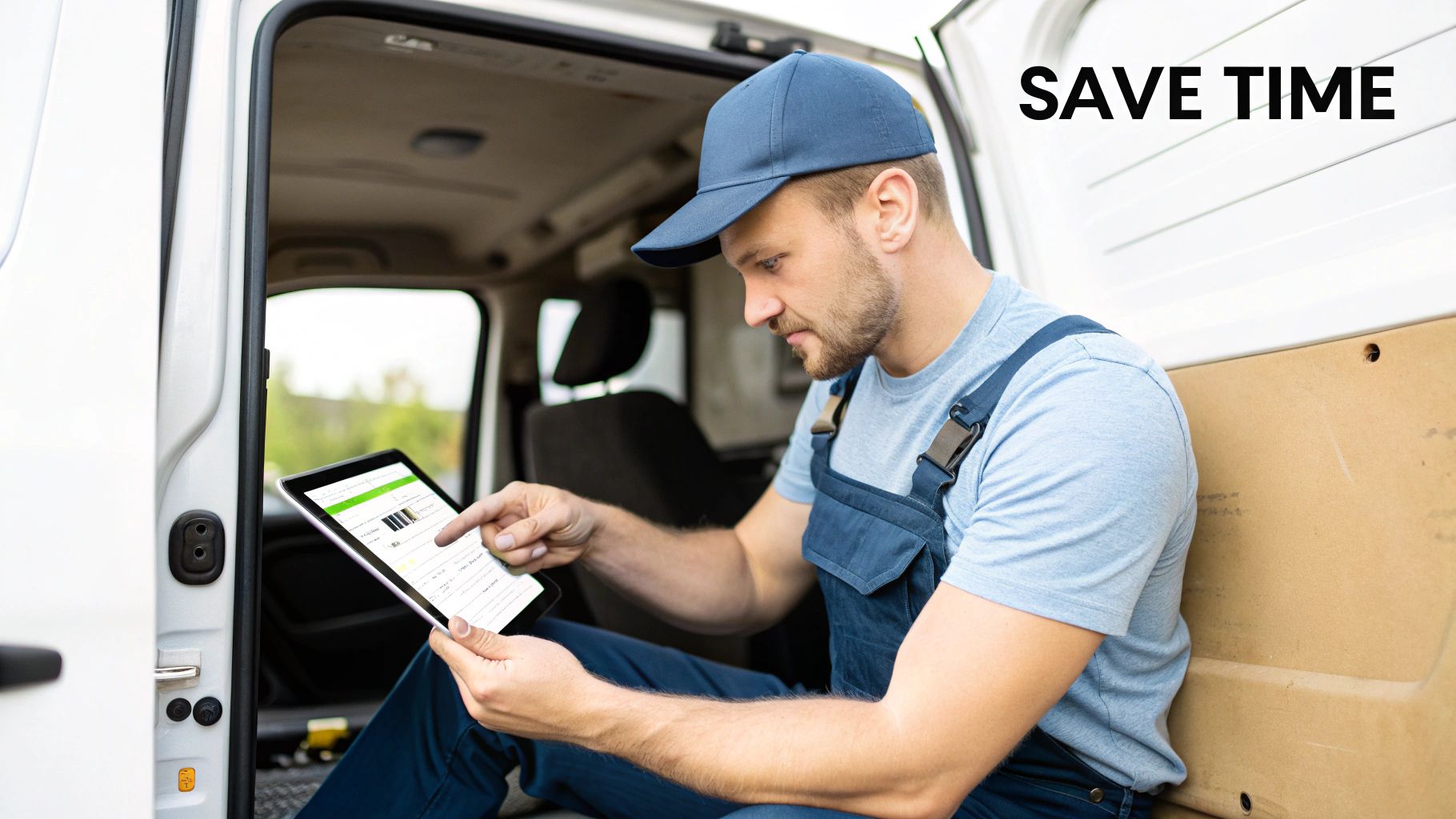 A technician in blue work overalls and cap uses a digital tablet inside a delivery van.
