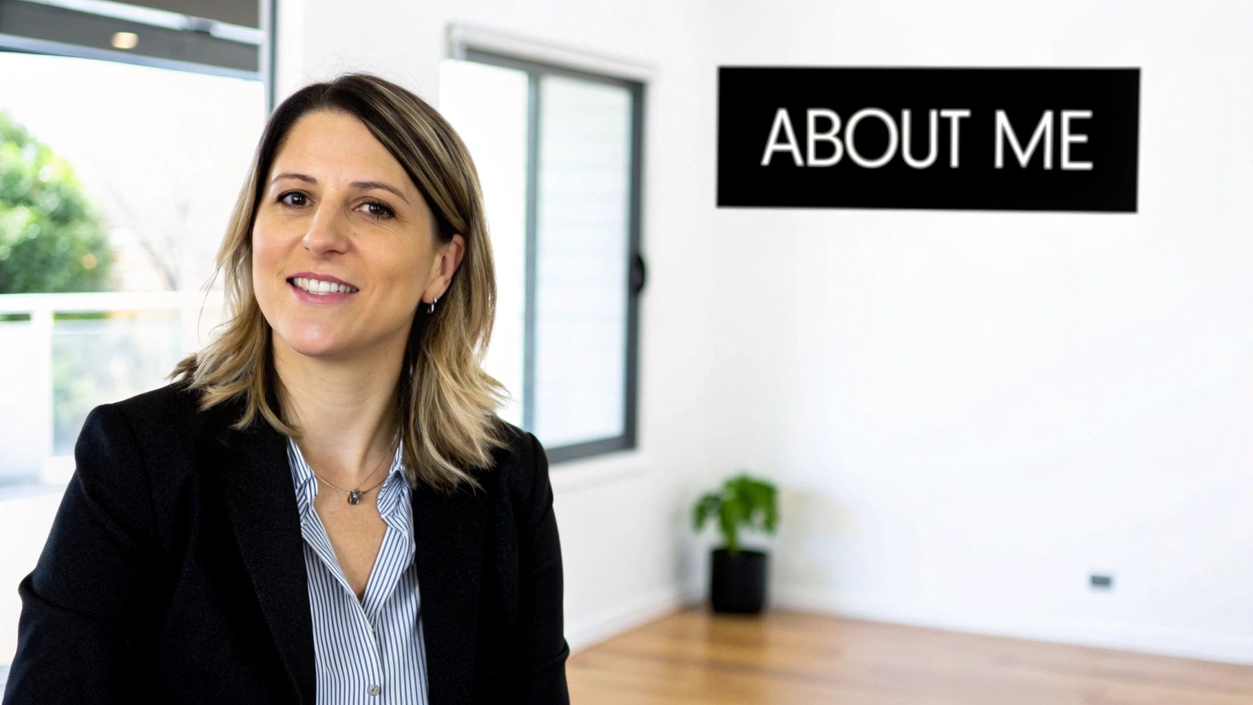 A smiling professional woman, a real estate agent, stands in a modern room with an 'ABOUT ME' sign.