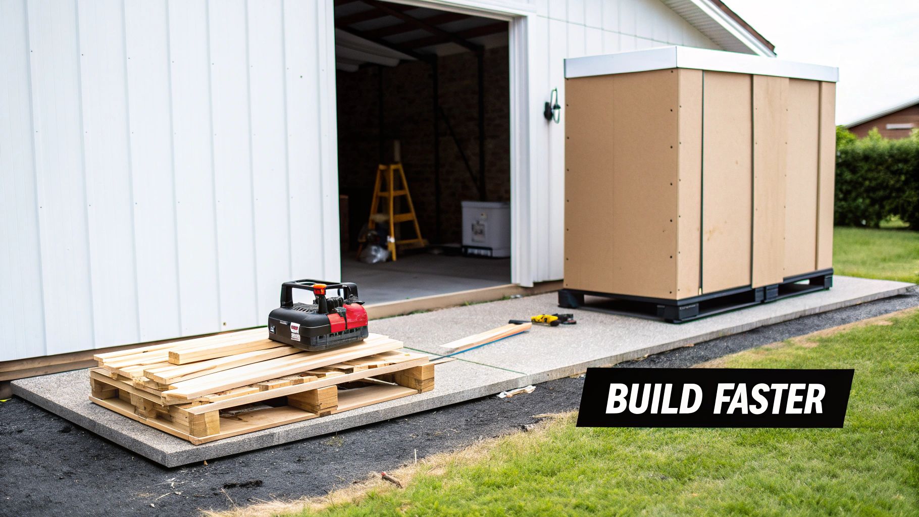 A construction scene with lumber, a power tool, and a packaged shed kit outside a white building.