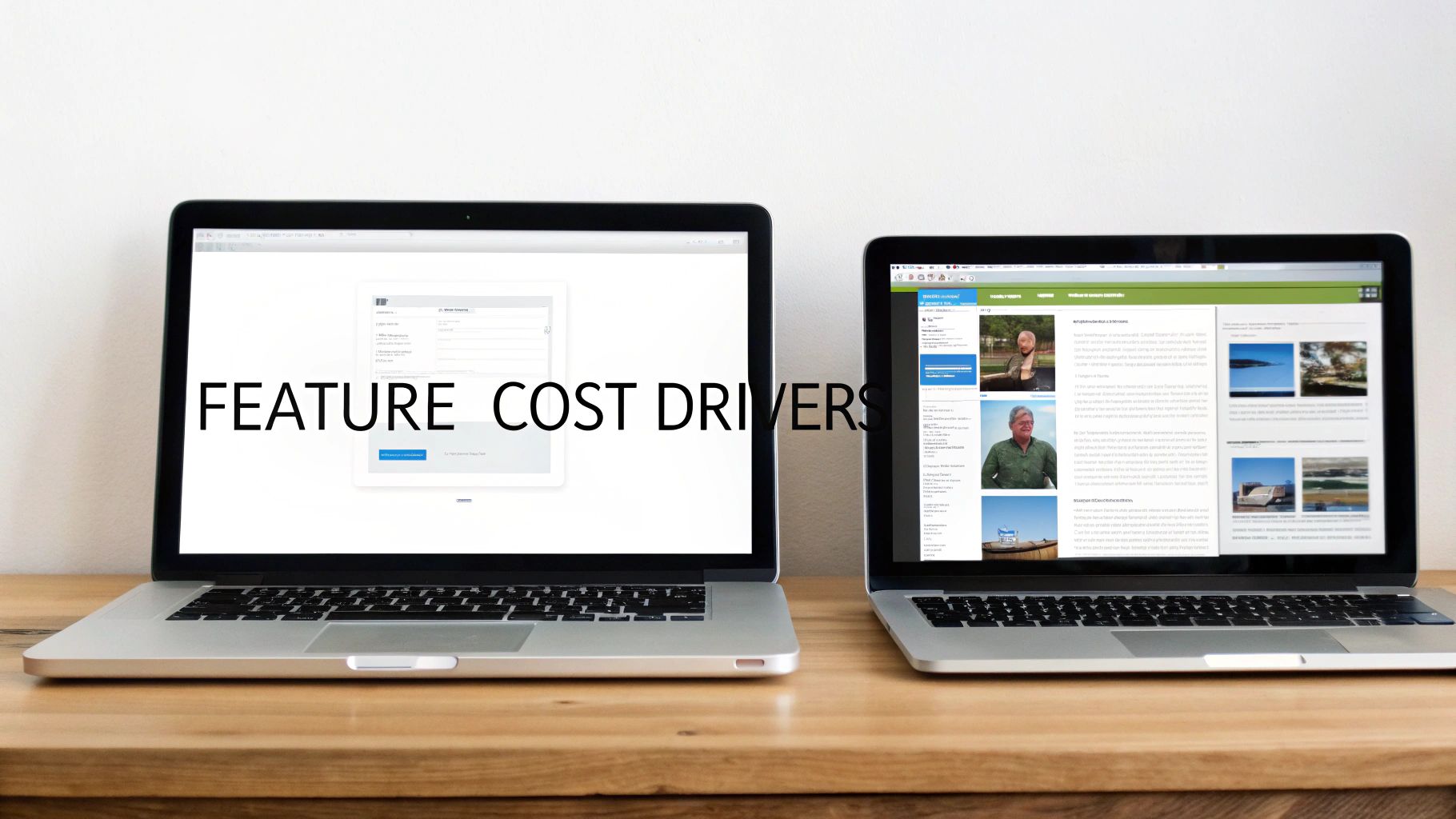 Two laptops on a wooden desk, one displaying 'FEATURE COST DRIVERS' and the other a website.