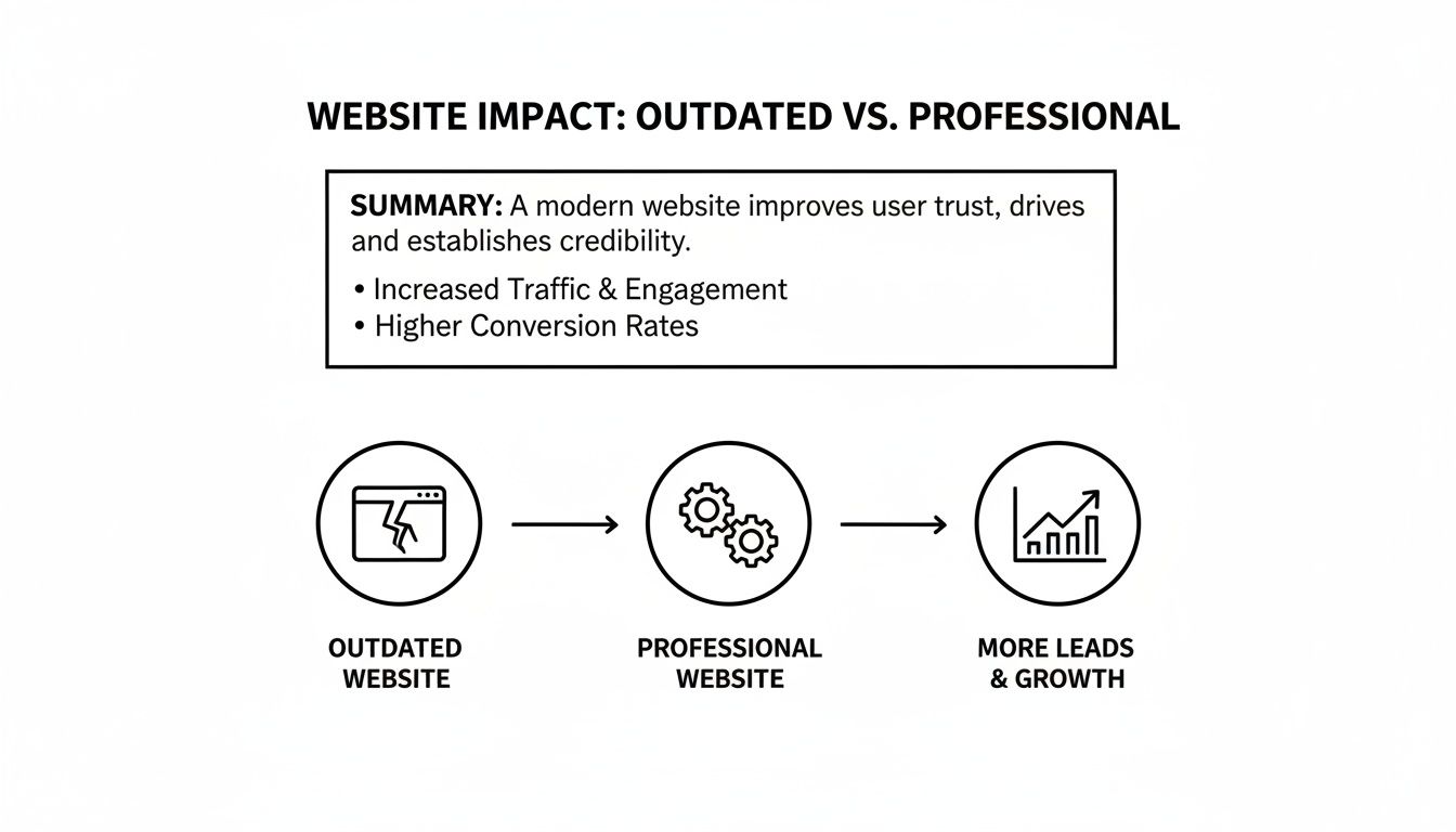Diagram showing that a professional website, unlike an outdated one, drives increased traffic, higher conversions, and business growth.