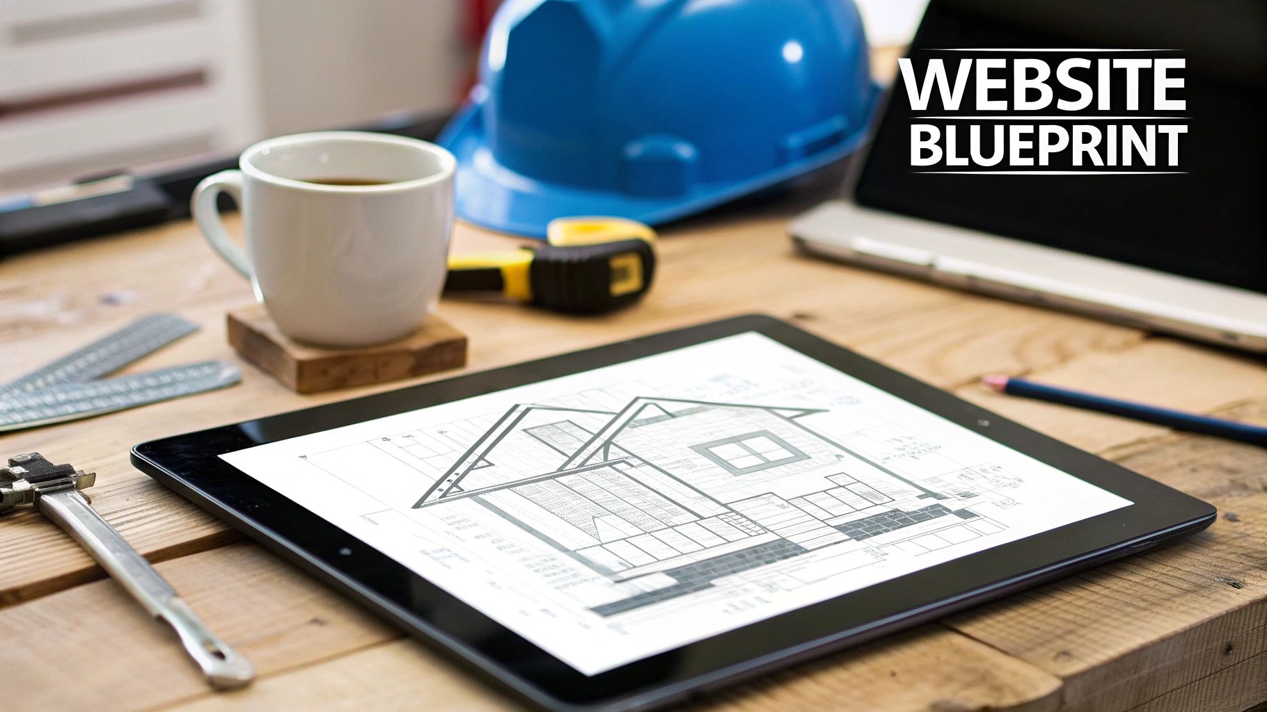 A desk with a tablet displaying a house blueprint, construction tools, and a laptop showing 'Website Blueprint'.