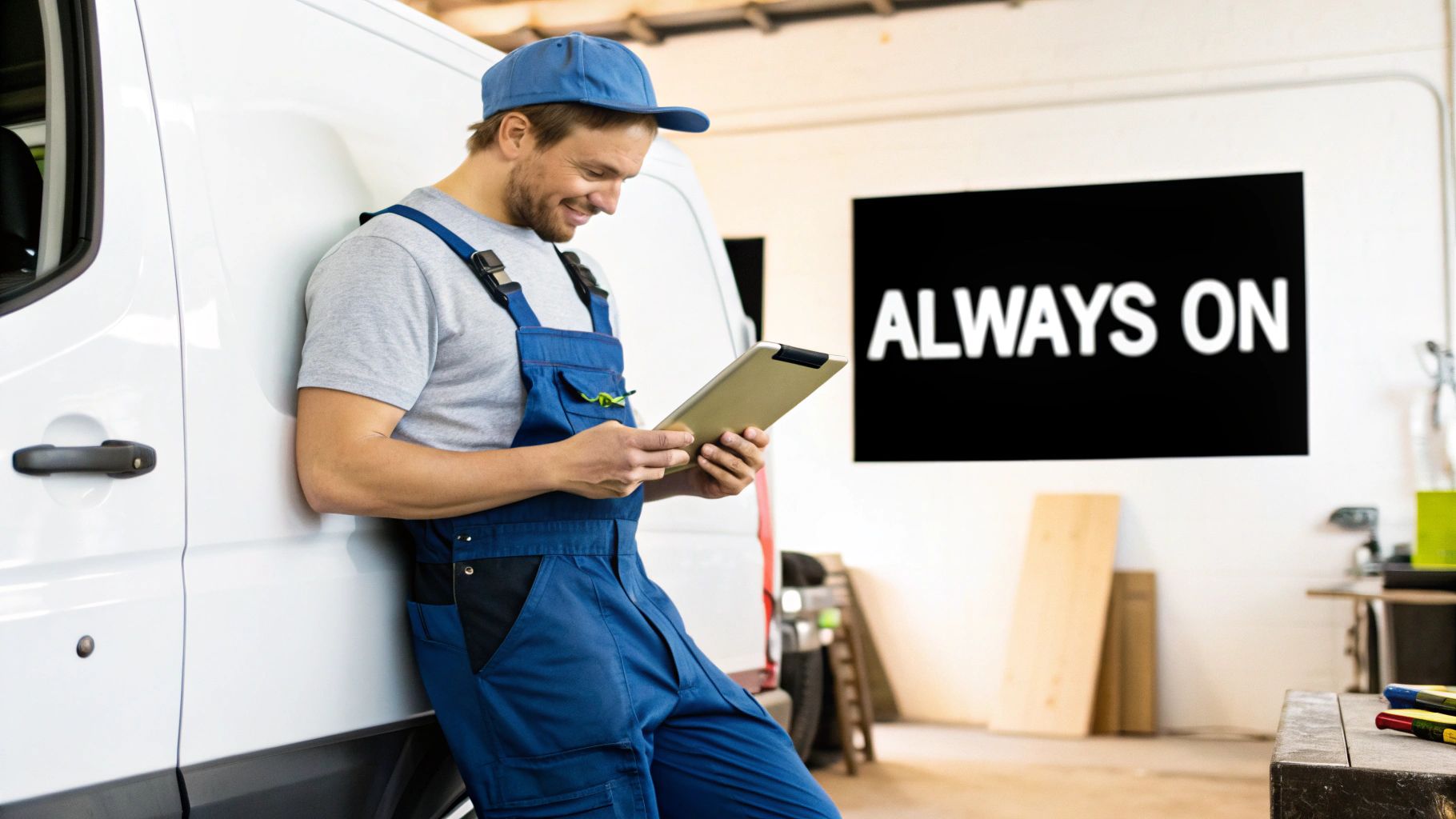 A smiling male plumber in blue overalls and cap leans on a white van, looking at a tablet in a workshop.