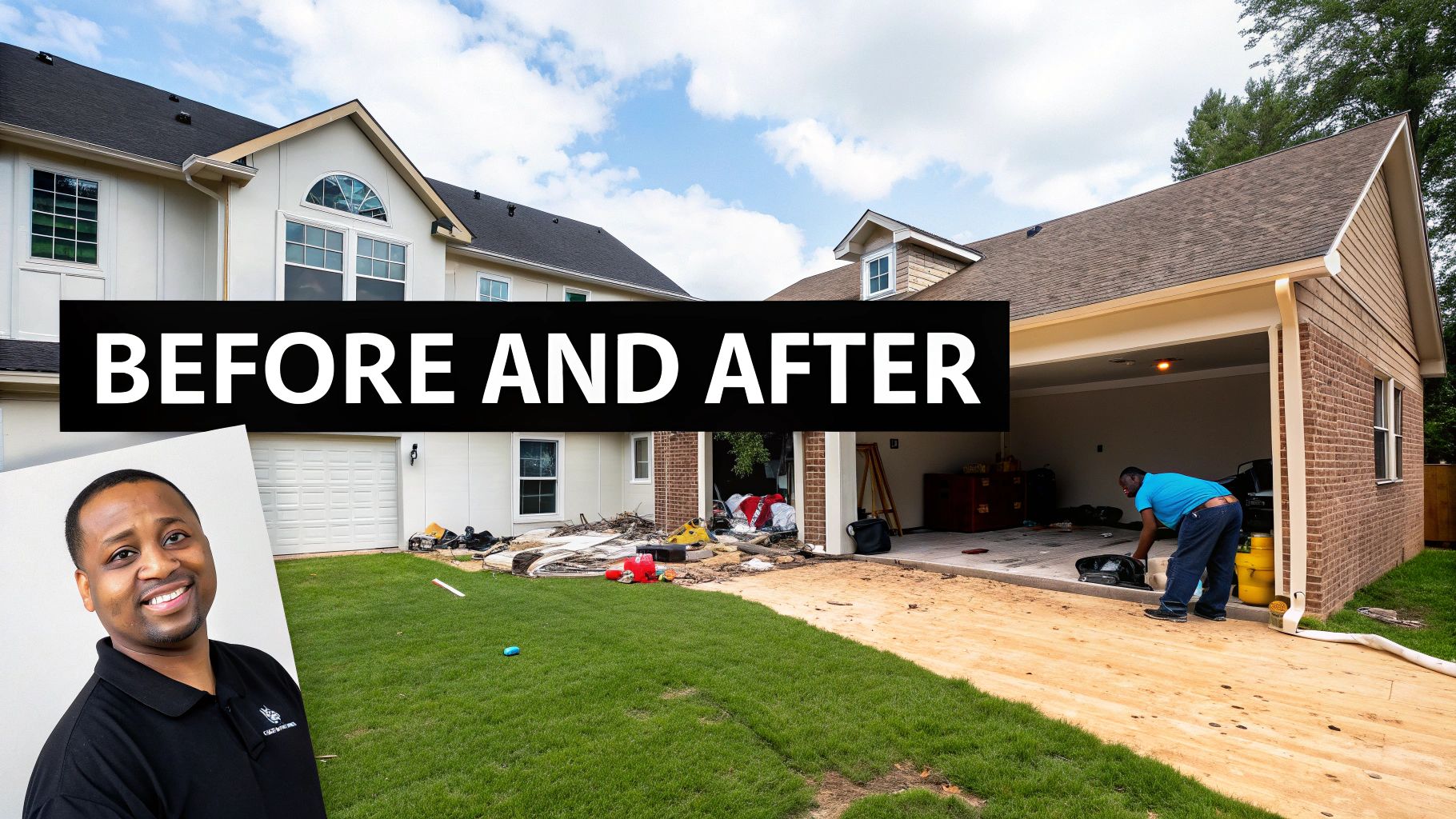 Renovating a house, with a 'BEFORE AND AFTER' banner and a smiling contractor portrait.